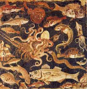 Fauna marina e lotta tra polipo ed aragosta. Pompei, Casa del Fauno, I sec. a.C.; Napoli, Museo Archeologico